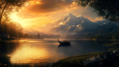 Sunlit mountain lake with lone boat under golden sky