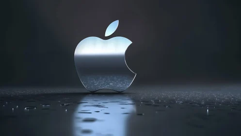 Metallic apple silhouette reflects cool ambient light.