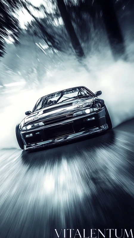 Sport coupe executing controlled drift on wet forest road.