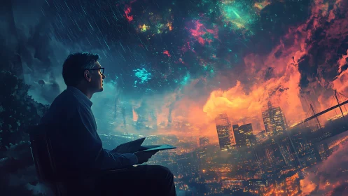 Dreamy city sky pulls a quiet reader into vivid wonder