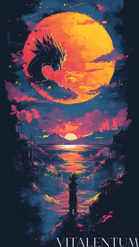 Solar dragon spirit watching lone warrior at neon dusk.