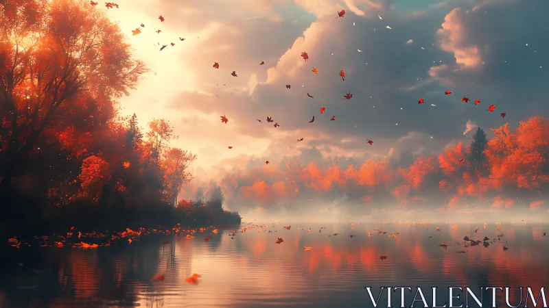 Digital autumn landscape shows misty lake with falling leaves