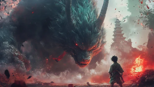 Lone warrior confronts colossal demon amid burning temple