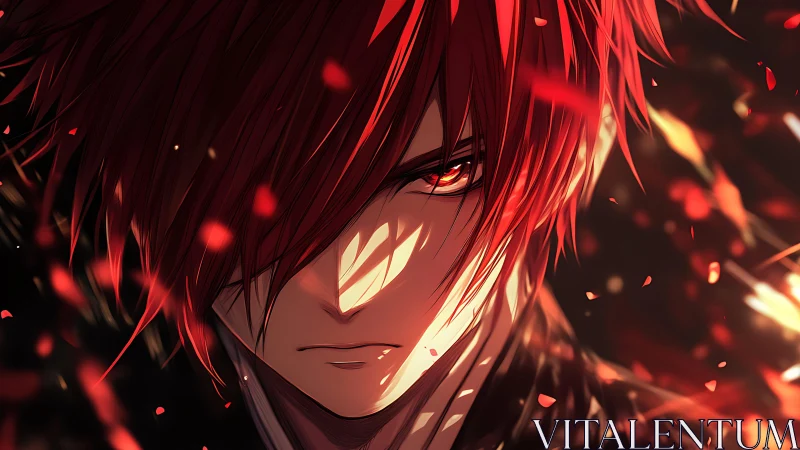 Ember eyed antihero framed in burning crimson petals.