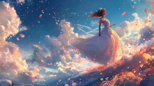 Skyborne dreamer strides through sunlit petals and cloud tides