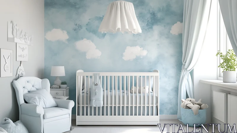 Aerated pastel nursery with cloud mural and controlled daylighting.