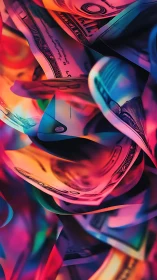 Neon-lit dollar bills twist in a vivid abstract cascade