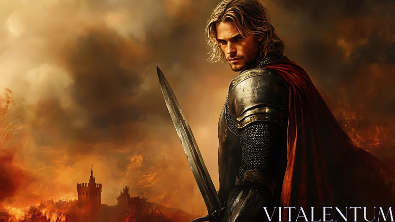 Armored knight with sword overlooking burning medieval citadel.