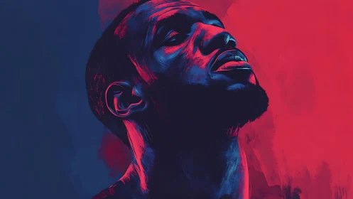 Neon-lit portrait captures upward gaze in bold duotone hues.