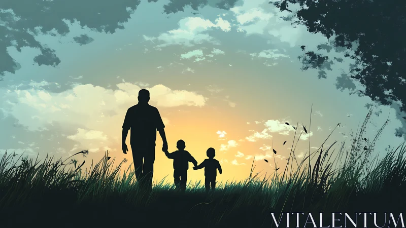 Silhouetted trio strides through sunrise grass toward tomorrow