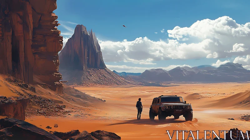 Desert explorer beside off-road truck under towering cliffs.