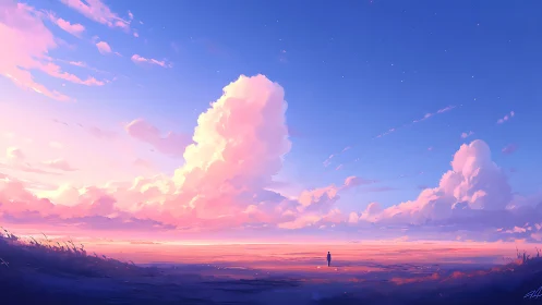 Digital landscape with sunset clouds and distant figure.