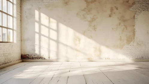 Sunlit loft hush with peeling walls and pale wooden echoes.