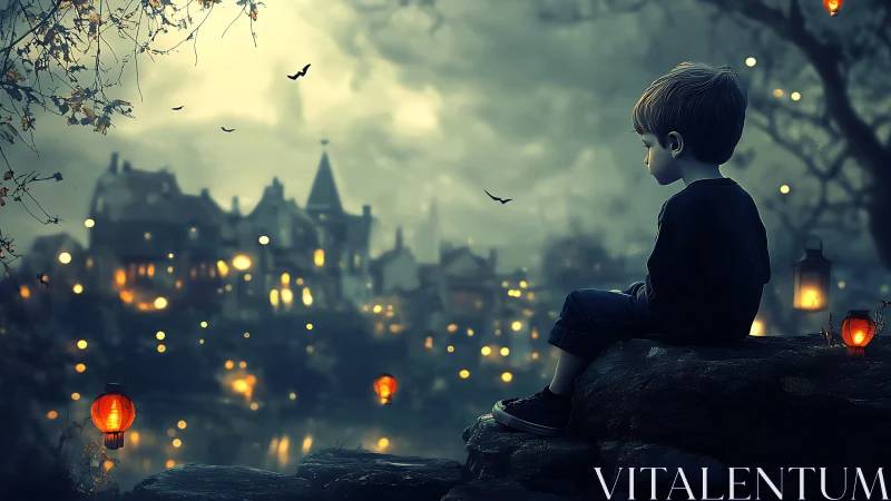 Young dreamer overlooks lantern-lit misty riverside town.