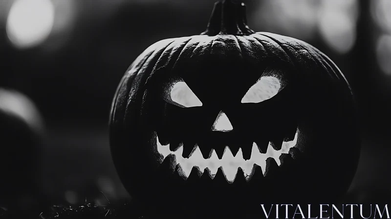Sinister jack o lantern glows in stark monochrome night