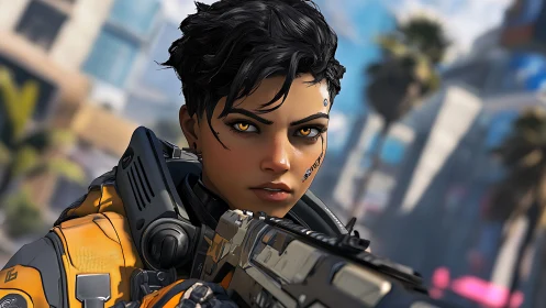 Fearless cyber warrior takes aim in a sunlit neon city.