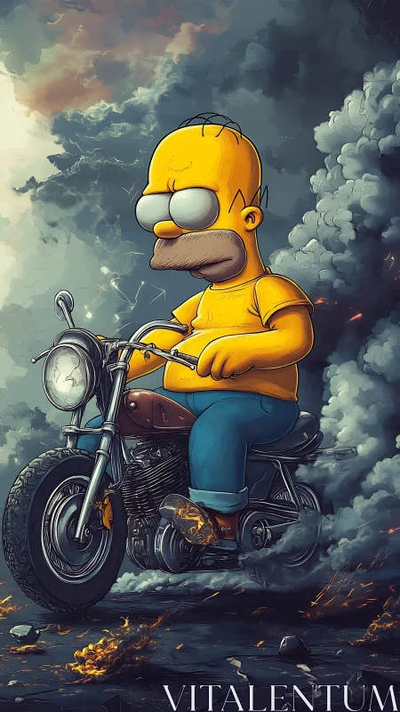 Digital painting of cartoon biker in stormy inferno scene.