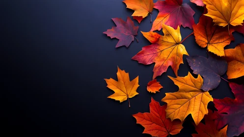 Macro study of autumn maple leaves on matte navy background