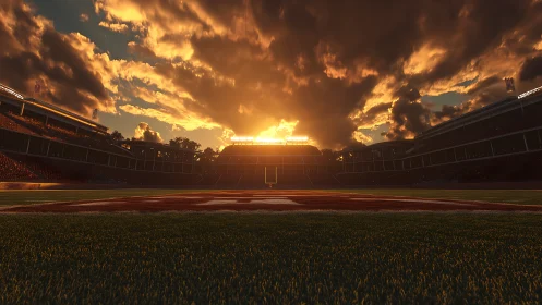 Empty football stadium field under dramatic sunset sky