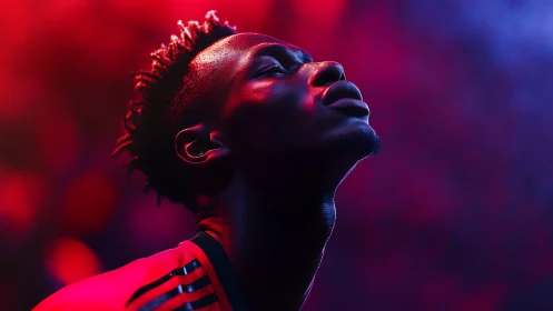 Side profile portrait under red and blue studio lighting.