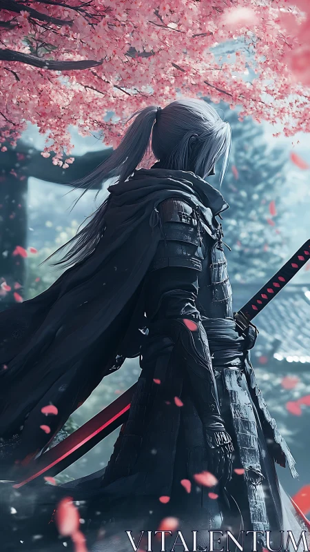 Silent warrior beneath drifting cherry blossom petals.