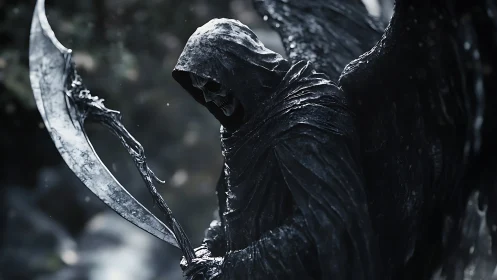 Grim reaper with massive scythe looms in eerie twilight.