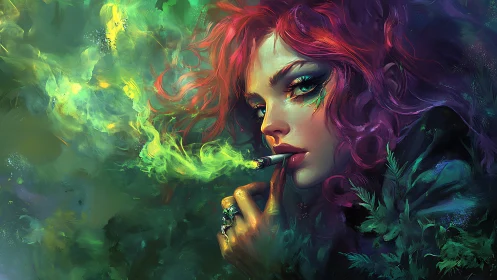 Red haired woman smoking in dense green abstract foliage.