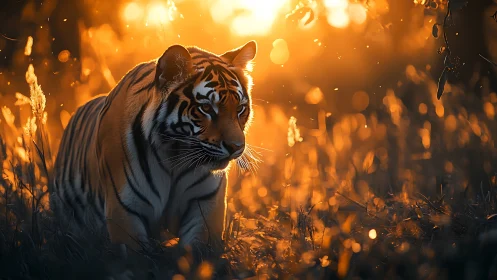 Tiger walks through backlit grass under strong warm sunlight.
