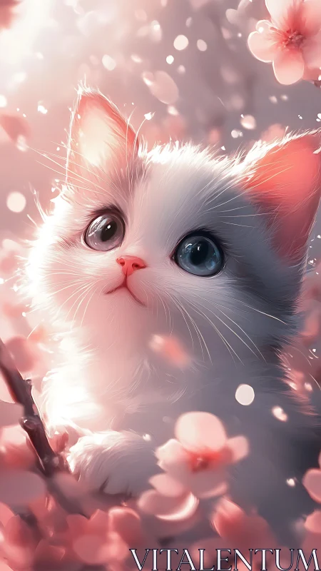 White Cat with Heterochromia Amid Blossoms and Bokeh