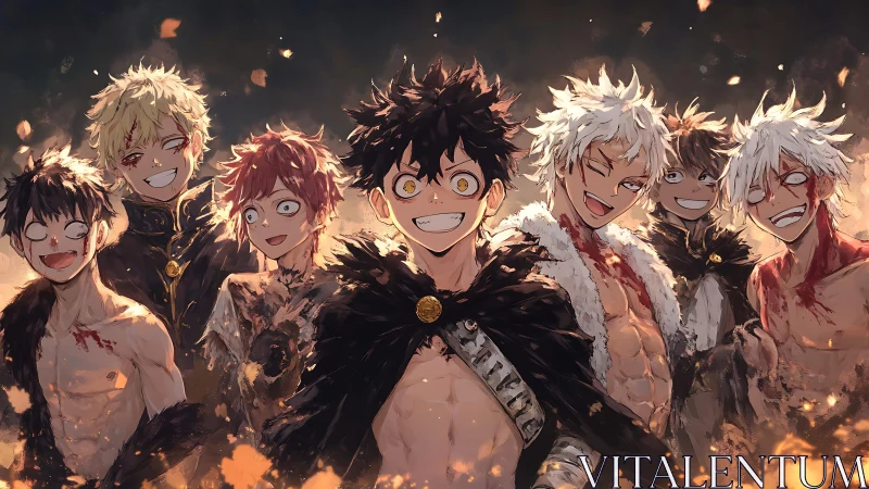 Battle-worn anime heroes stand united in ember-lit dusk.