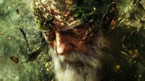 Ancient forest guardian portrait with moss-infused visage.