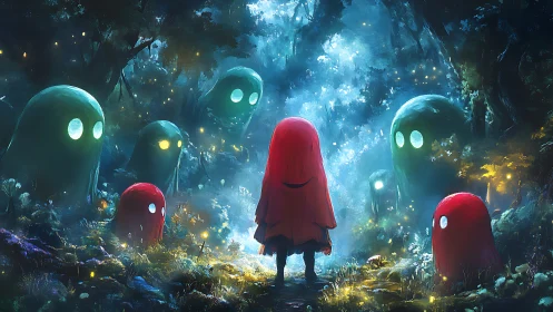 Red cloaked wanderer meeting gentle forest ghosts at dusk.