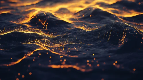 Luminous ember waves rolling across dark abstract terrain.