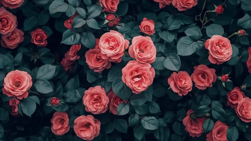 Garden roses bloom in layered coral and deep teal palette.