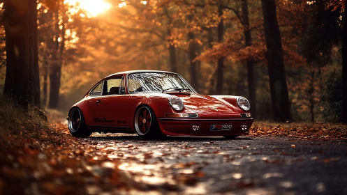 Classic red 1970s sports coupe on forest road at sunset