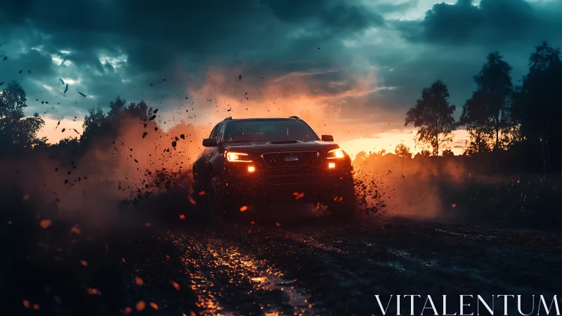 Off-road truck powers through mud at fiery sunset