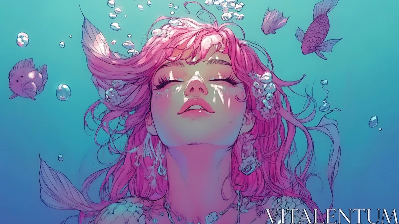 Underwater portrait of pink haired mermaid with fish nearby.