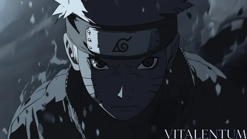 Storm-battered ninja portrait in stark monochrome focus.