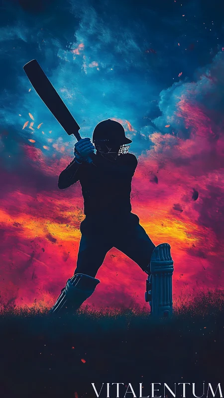 Silhouetted cricket batsman stands before dual tone sky