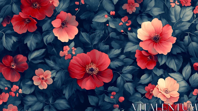 Floral composition with red and coral flowers against dark blue foliage background.