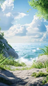 Sunlit rocky cove opens onto calm turquoise summer sea