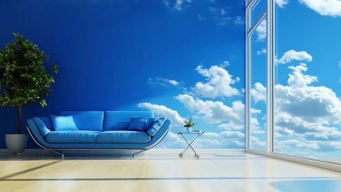 Sunny blue living room merges indoor comfort with sky views