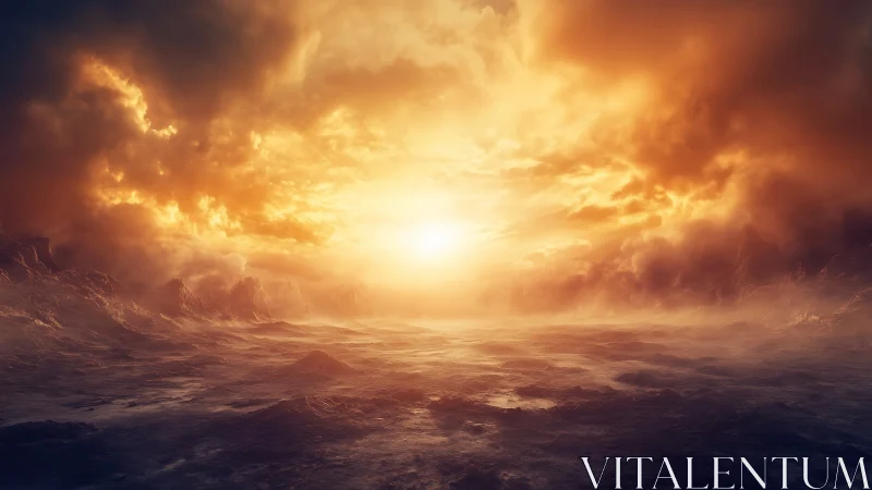 Sunlit turbulent seascape under dense storm cloud cover.