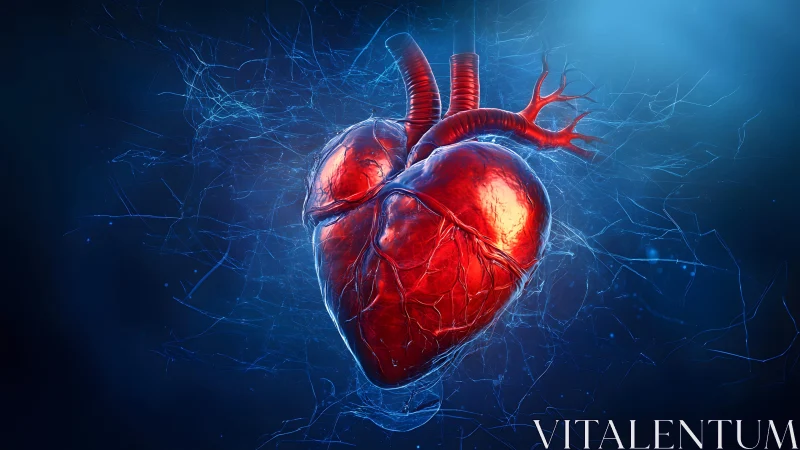 Realistic human heart illustration with glowing blue digital veins.