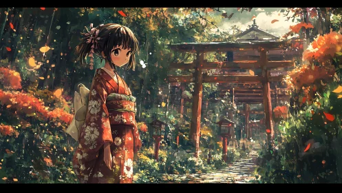 Kimono-clad girl pauses in a glowing autumn shrine garden