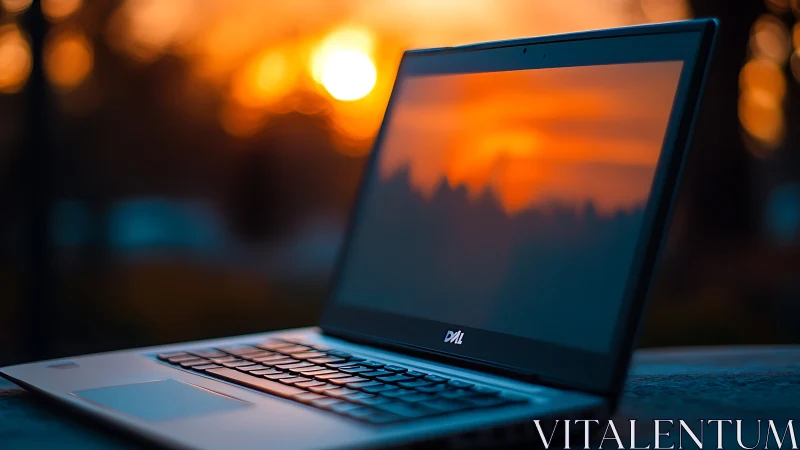 Cozy laptop scene glowing gently in a soft evening sunset.