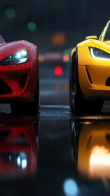 Rain kissed sports cars glowing under soft city lights.