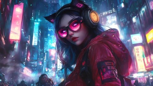 Neon alley cat hacker under rain glazed city skylines.