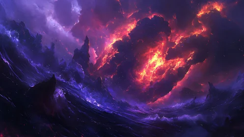 Apocalyptic fiery storm churns above a cosmic violet sea.