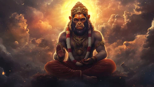 Radiant simian deity meditating within celestial stormclouds.